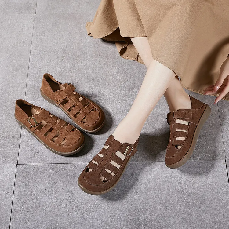 夏休闲复古编织镂空猪笼鞋女包头厚底罗马博肯真皮女凉鞋2024新款