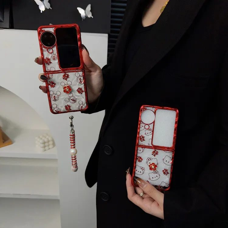 适用oppofindn3flip手机壳新款n3flip套oppo喜庆红色褶皱KT卡通女