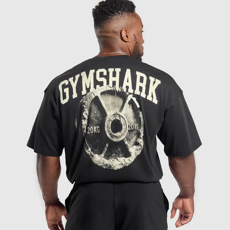 克里斯鲨鱼复古杠铃片健身宽松短袖T恤男女美式透气重磅棉半袖