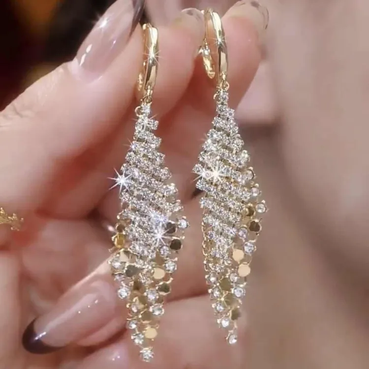 铜合金耳饰 轻奢高级感气质双层满钻几何菱形耳环时尚显脸瘦耳饰