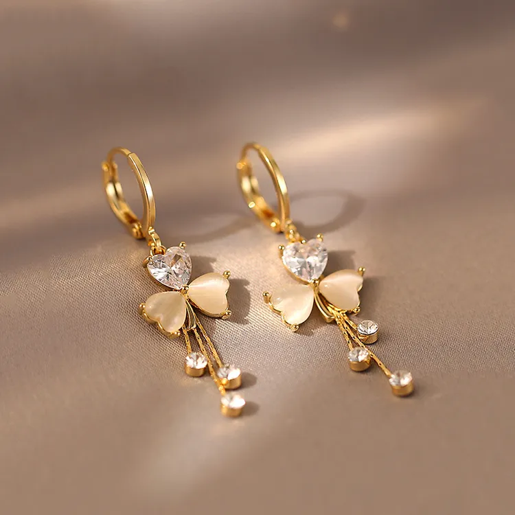 铜合金耳饰 轻奢三叶草流苏耳环小众设计感高级耳扣时尚气质耳饰