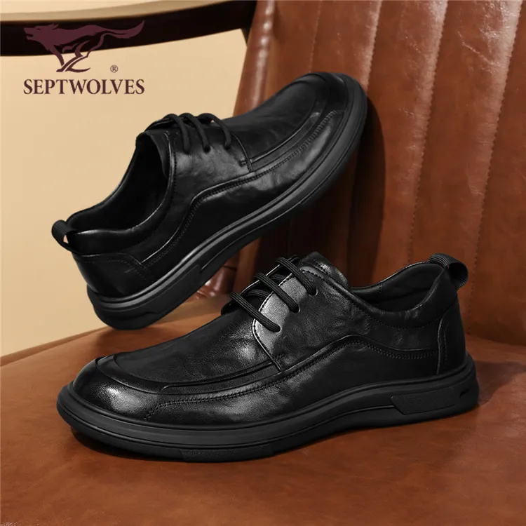 七匹狼头层牛皮商务英伦秋季新款全黑休闲皮鞋通勤鞋子软面男0014