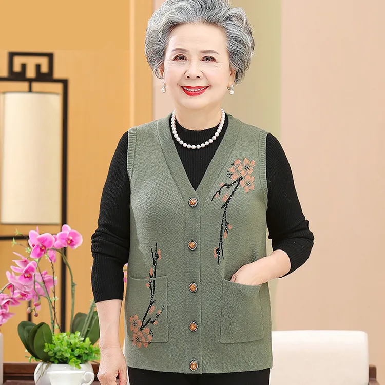 老奶奶背心妈妈马甲春秋老年人针织毛衣马夹女开衫中老年坎肩冬装