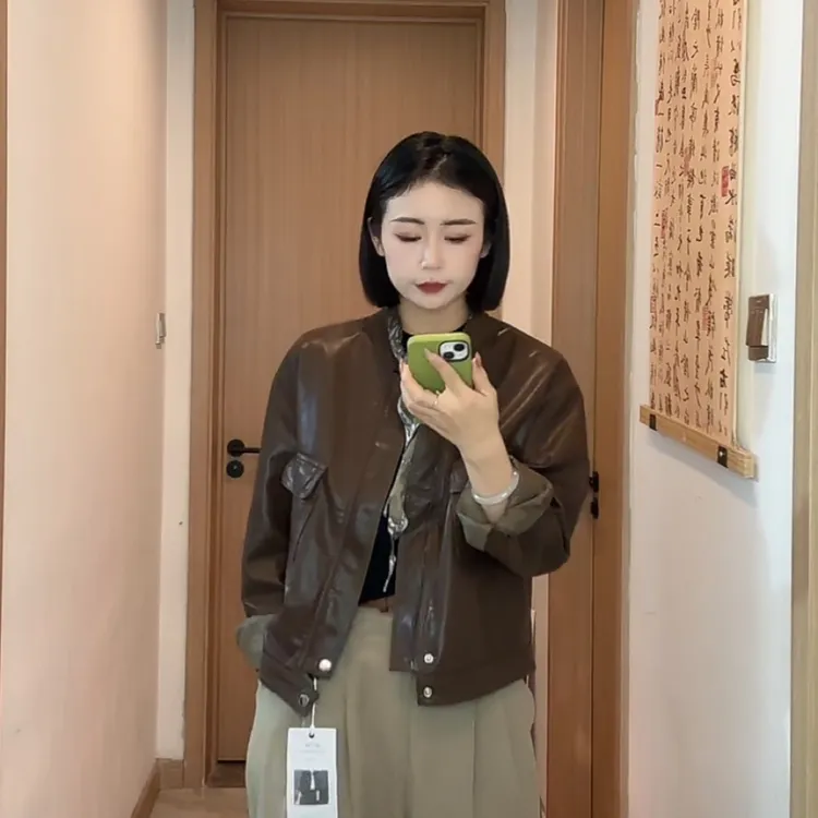 欧货设计感小众短款皮衣女2024春秋新款工装立领PU显瘦机车2212