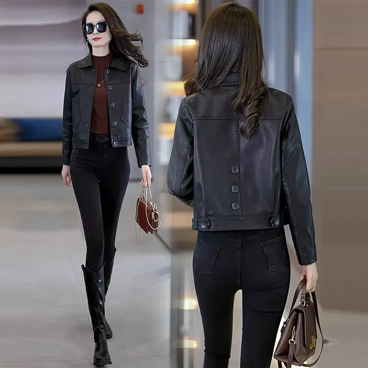 优选秋季新款时尚翻领洋气百搭显瘦新款女士韩版休闲9610皮外套女