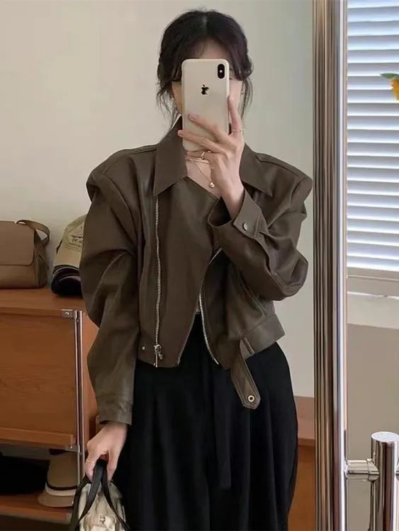 钻石姐皮衣外套女春秋2024新款宽松港风小个子短款夹克机服2318衣