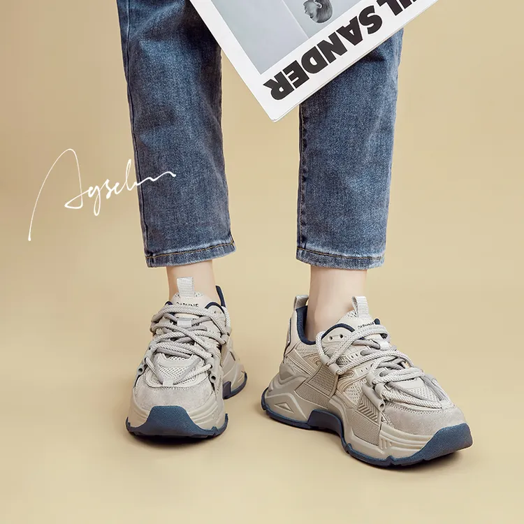 奥古狮登网面老爹鞋女夏季薄款透气2024新款厚底增高复古运动女鞋