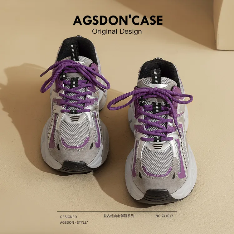 ~奥古狮登紫色真皮老爹鞋女2025新款秋冬加绒运动鞋休闲跑步鞋爆W