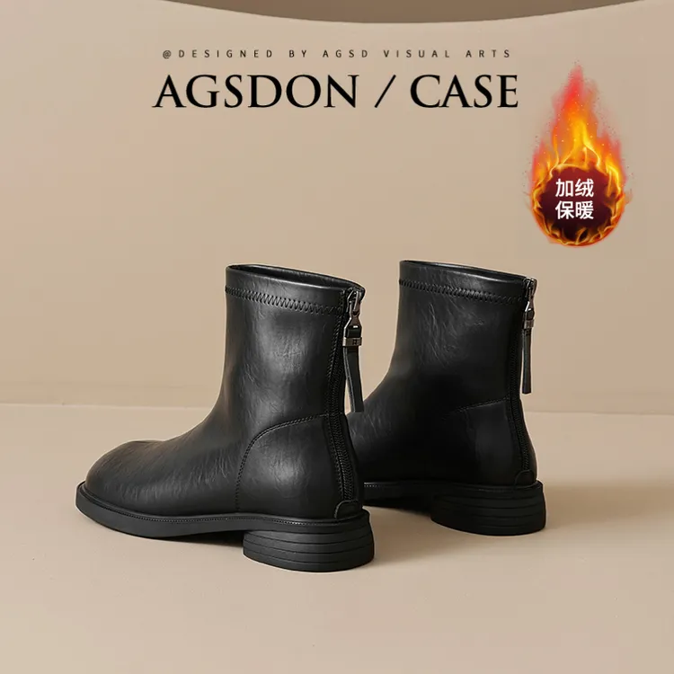 奥古狮登加绒短靴女2025秋冬季新款黑色瘦瘦靴马丁靴低跟切尔西靴
