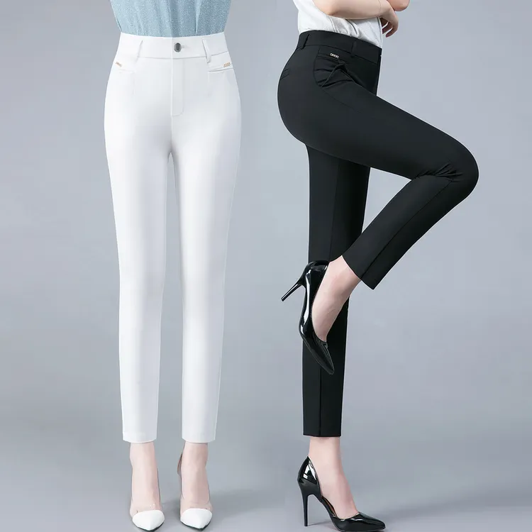 秋季中腰铅笔裤弹力显瘦女裤白色九分裤秋装女士休闲裤修身小脚裤