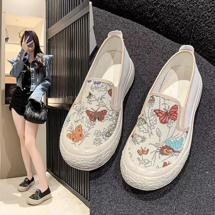 春季新款乐福鞋帆布女鞋懒人一脚蹬厚底渔夫鞋时尚休闲布鞋女