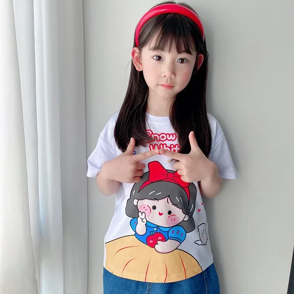 夏季女童儿童小童纯棉卡通公主圆领T恤半袖休闲洋气宝宝女孩宽松