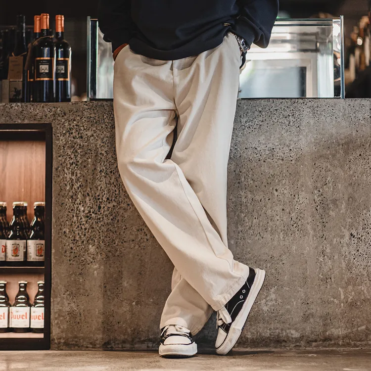 马登工装美式复古米白色牛仔裤棉籽壳cleanfit宽松直筒休闲裤男春