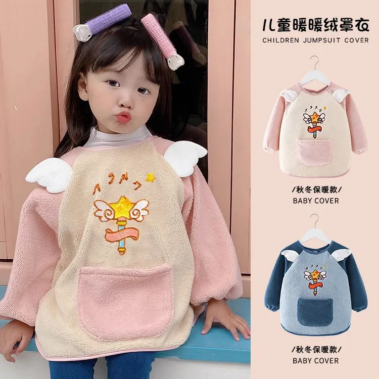 秋冬儿童罩衣加厚暖暖绒男女童防水反穿衣宝宝吃饭围兜幼儿园围裙