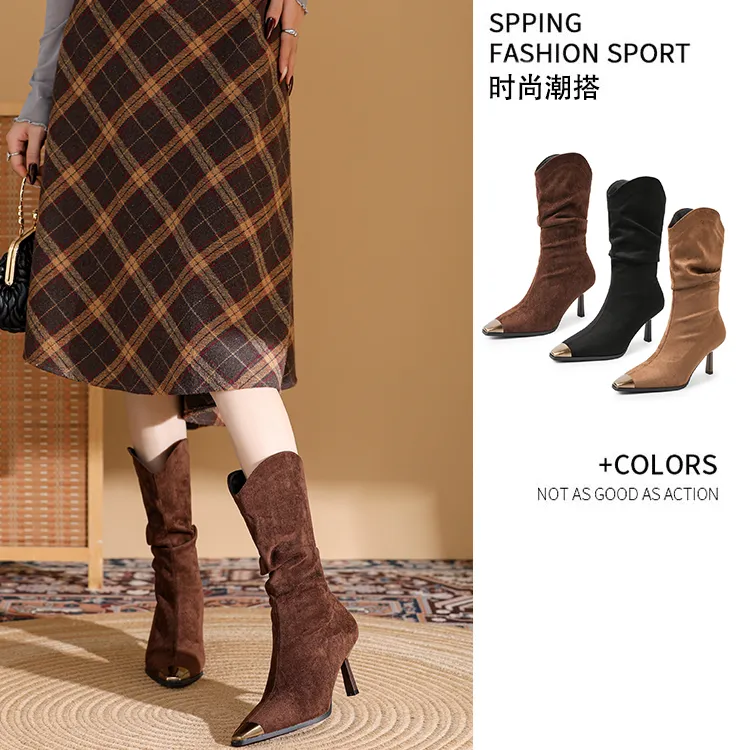 达芙妮24新款秋冬高跟短靴复古中筒堆堆靴小个子百搭美拉德瘦瘦靴