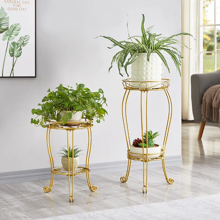 客厅双层花架阳台欧式落地式花盆架子托盘架室内实心铁艺置物架