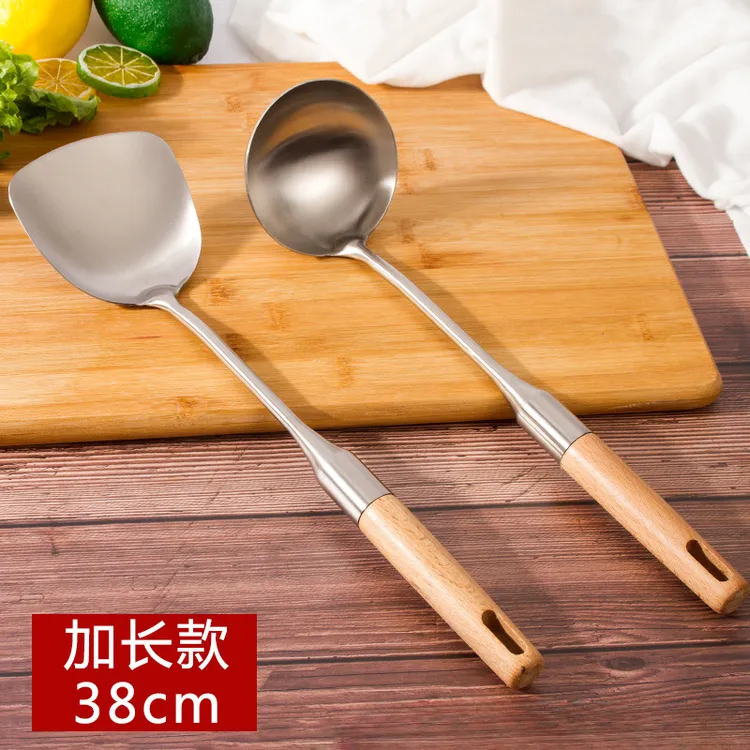 304不锈钢锅铲炒菜铲子汤勺炒勺加厚家用厨具木柄长柄铁铲子厨具