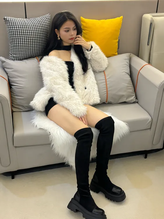 珍珠家白色过膝长靴增高绒面弹力靴长筒过膝靴高筒厚底秋冬