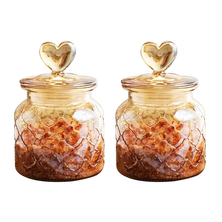 （650ml两只装）家用密封罐爱心玻璃瓶琥珀带盖糖果零食储物罐