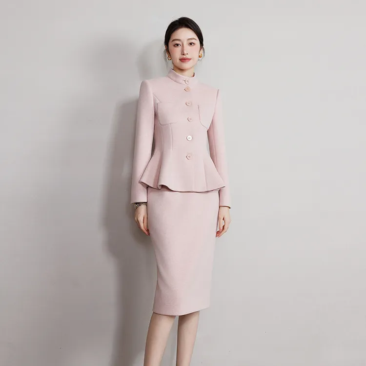 钟老板 法式名媛高级感套装女秋冬新款粉色收腰外套半身裙两件套