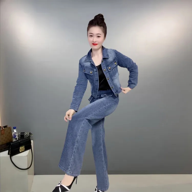 蓝色牛仔显瘦女套装8690长袖短款上衣+直筒裤二件套-喜婆婆