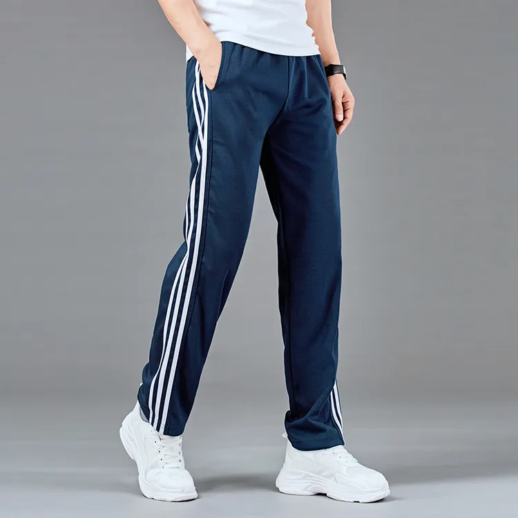 夏季运动裤三条杠男长裤子春秋薄款直筒休闲裤加大码针织宽松卫裤
