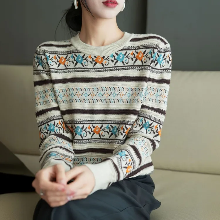 清新洋气秋冬女柔软毛衣打底衫中年妈妈装针织上衣宽松大码提花