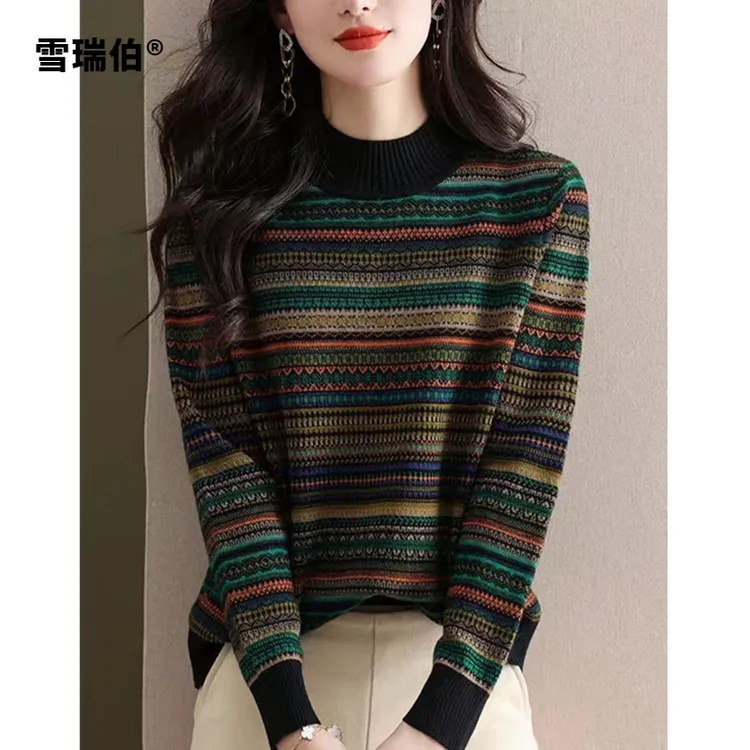 【柔软抗起球】民族风半高领提花百搭洋气条纹花色针织衫毛衣女