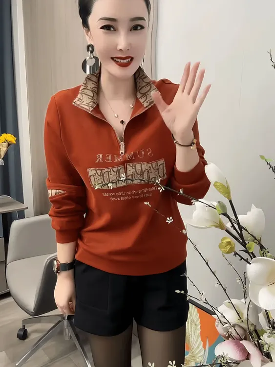 秋季新款时尚卫衣小衫洋气烫钻气质立领长袖减龄显瘦百搭宽松休闲