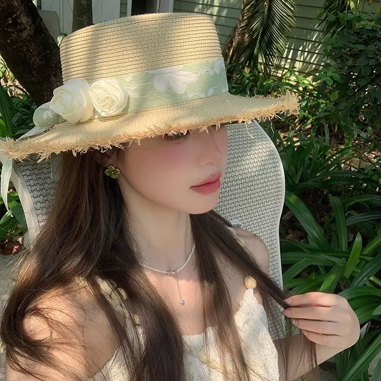 平顶小清新手工编织草帽文艺百搭遮阳防晒防紫外线度假凉帽春夏款