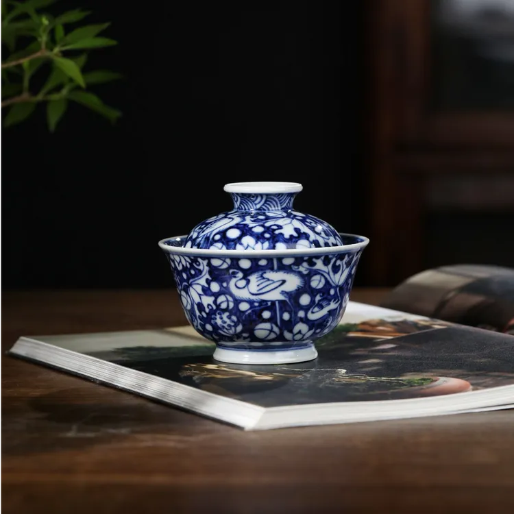 元黛工坊一鹭莲棵撇口盖碗陶瓷纯手工中式主人杯全手工家用瓷盖碗