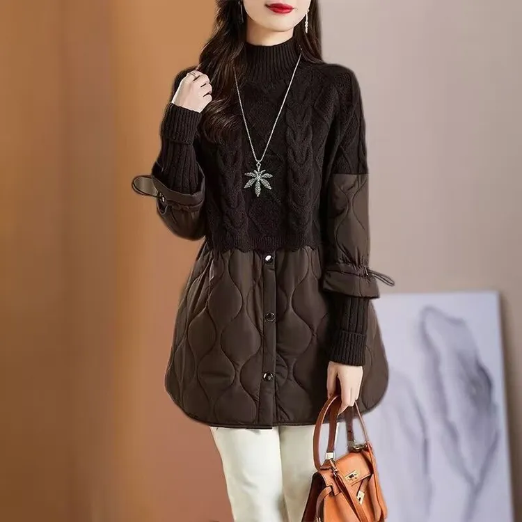 2025新款秋冬中长款拼接毛衣棉服气质时尚针织毛衣宽松大码显瘦潮