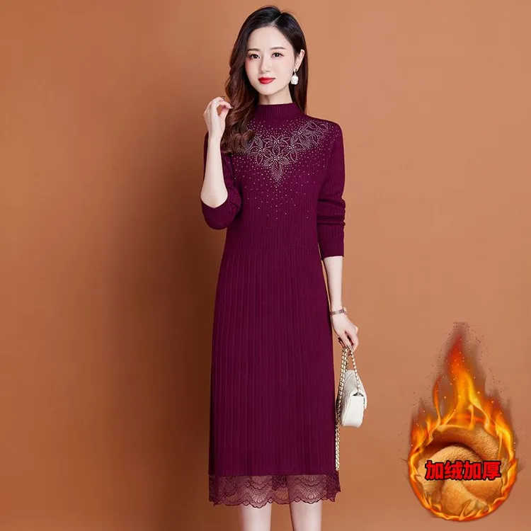 2025新款毛针织衫加绒加厚中长款连衣裙蕾丝过膝打底毛衣一体绒女