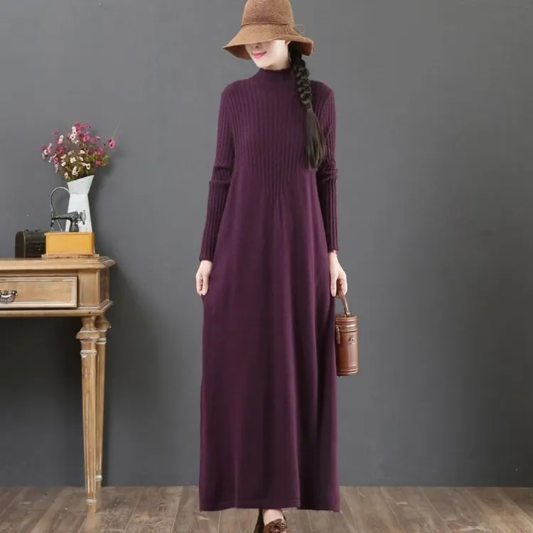 秋冬加肥加大码针织毛衣裙文艺长款过膝显瘦百搭长袖A字版连衣裙