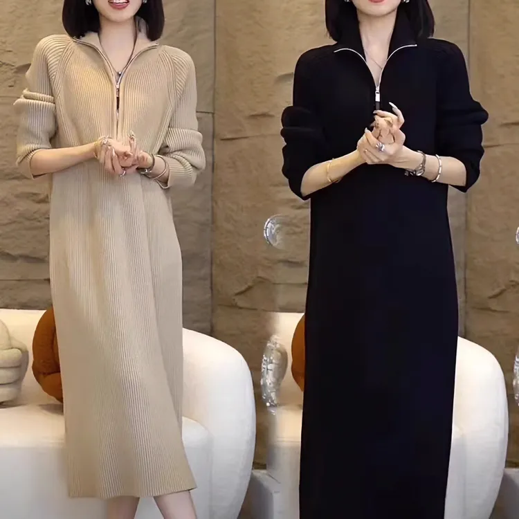 半高领拉链女秋冬新款软糯宽松连衣裙中长款加厚内搭配大衣毛衣裙