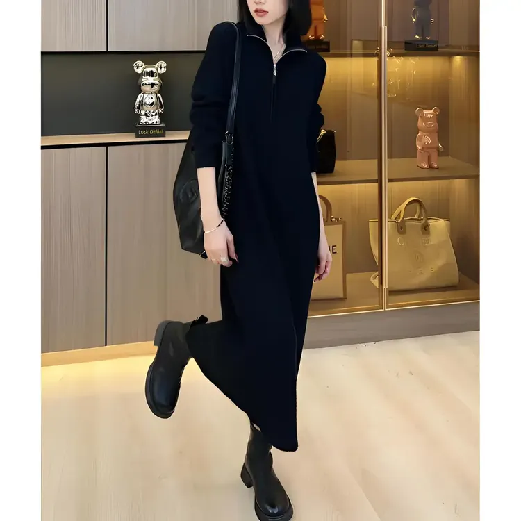 拉链加厚连衣裙宽松显瘦百搭气质女时尚秋冬新款针织毛衣打底长裙
