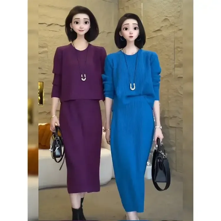 网红时尚洋气两件套简约风后背排扣设计女显瘦上衣高腰显瘦半身裙