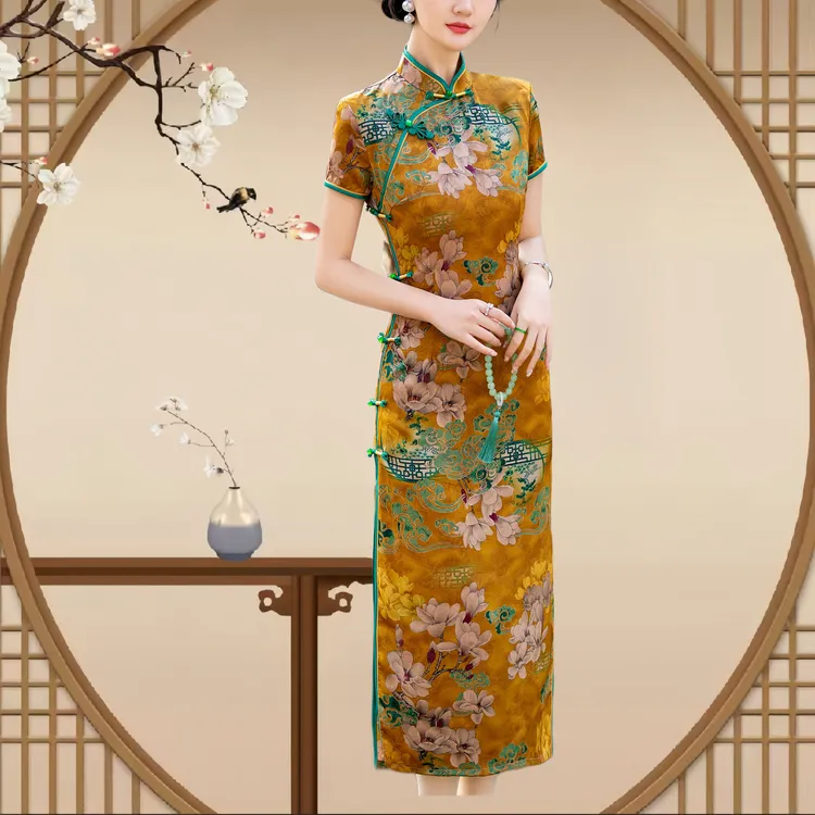 网红复古时尚优雅气质双层印花高贵气质旗袍裙ins旗袍网红