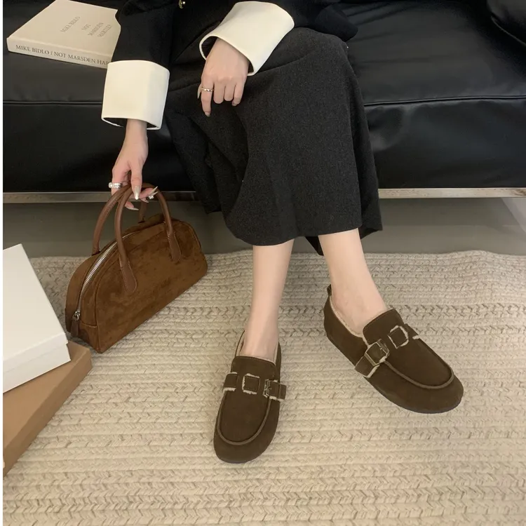 小小家真皮复古加绒保暖厚底平底舒适小众百搭透气轻便网红乐福鞋