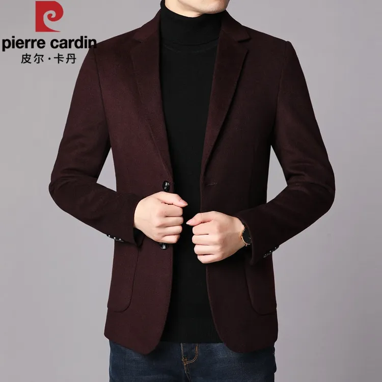 皮尔卡丹毛呢外套男装纯色休闲加厚男士中青年羊毛西装秋冬潮流男
