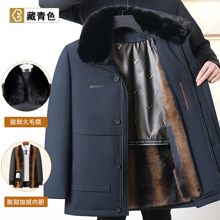 8807【毛领款/可拆卸】冬季中老年棉服男加绒棉衣加厚中长款连帽款
