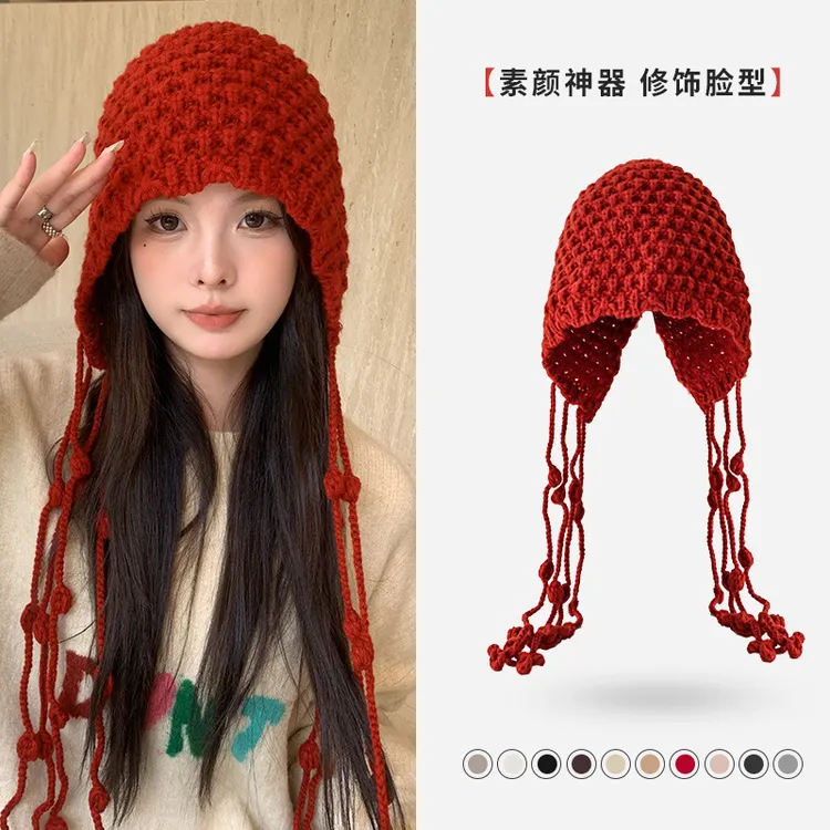 时尚手工编织流苏球球毛线帽秋冬新款保暖包头帽子女大头围帽子潮