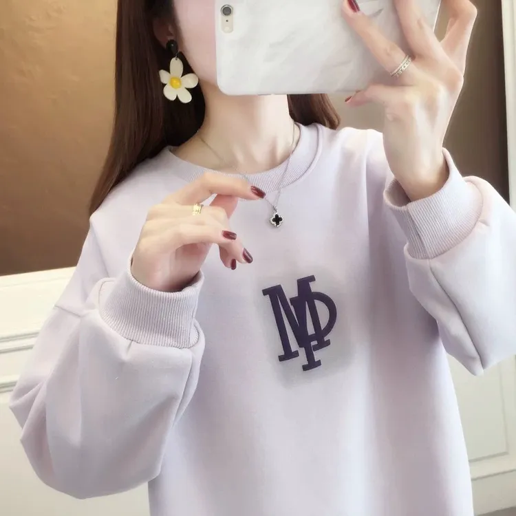 胖mm时尚百搭卫衣女秋冬季韩版宽松大码套头外套休闲圆领加绒上衣