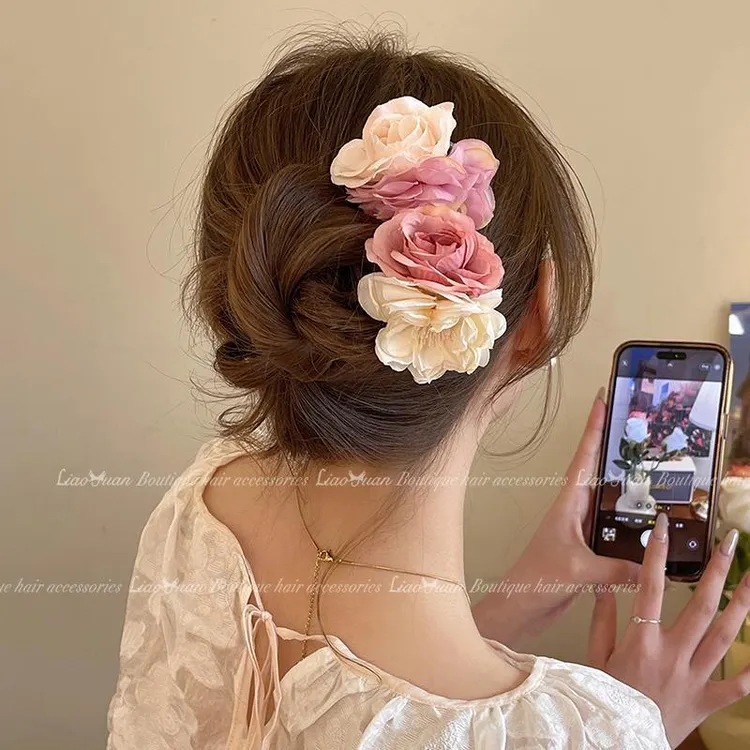 鬓边海棠~超仙盘发u型发簪新中式花朵发钗簪子古风旗袍簪花头饰