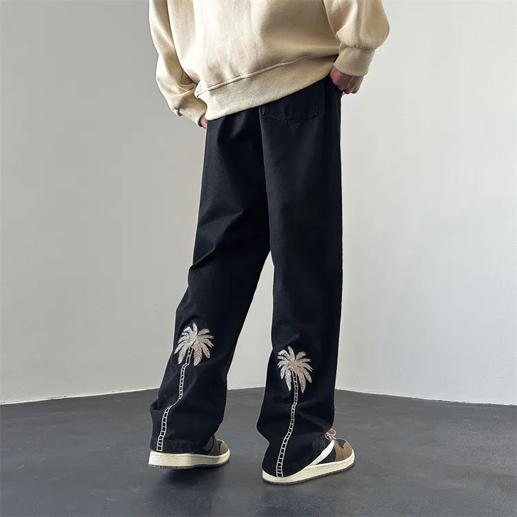 新中式男士美式牛仔裤宽松男牛仔裤子高街直筒大码男生设计感YK30