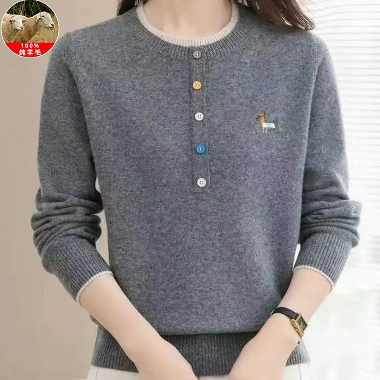 羊毛衫女100%纯羊毛秋冬季圆领妈妈气质毛衣女针织上衣大码打底衫