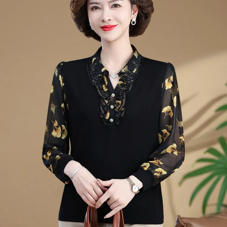 中年妈妈装春秋装T恤时尚洋气针织小衫中老年女母亲衣服气质上衣