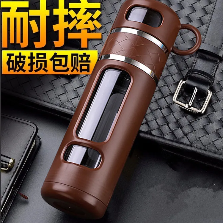 大容量玻璃杯双层防摔防烫茶水杯子家用男女便携茶水分离杯流光风