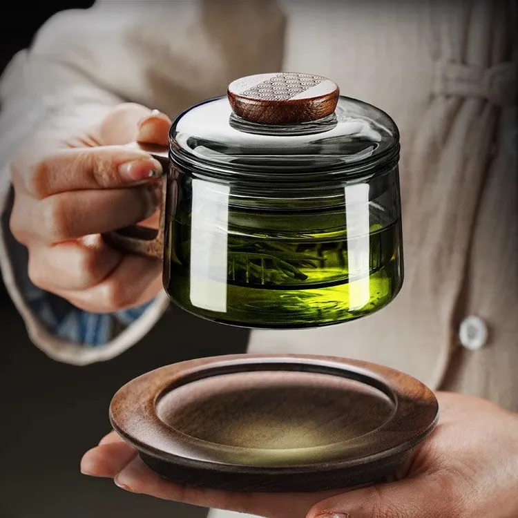 精致玻璃泡茶杯迷你墩墩杯木把防烫加厚玻璃三件杯家用茶水分离杯
