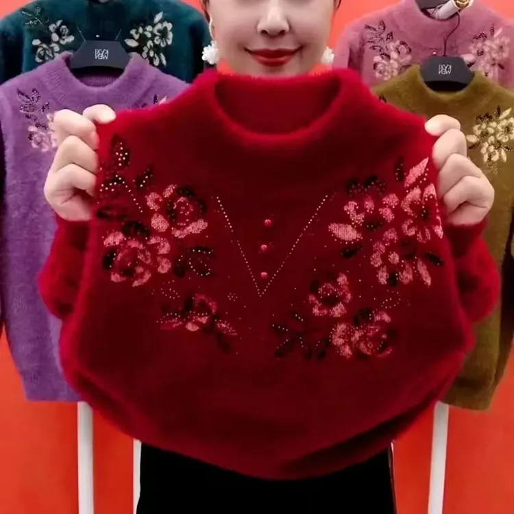 妈妈装仿水貂绒毛衣女秋冬季中老年宽松洋气上衣加绒加厚打底衫女